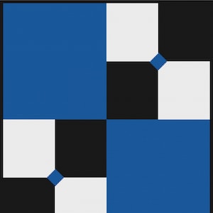 May include: A geometric pattern with alternating squares of blue, white, and black. The squares are arranged in a checkerboard pattern, with the blue squares in the top left and bottom right corners.