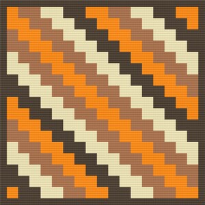 May include: A geometric pattern with diagonal stripes in orange, brown, beige, and black.
