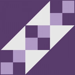 May include: A purple and white geometric pattern with a checkered design. The pattern is made up of squares and triangles.