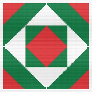 Puede incluir: Un patrón geométrico con cuadrados y triángulos rojos, blancos y verdes.