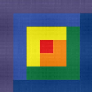 May include: A square design with concentric squares in shades of purple, blue, yellow, orange, and red.