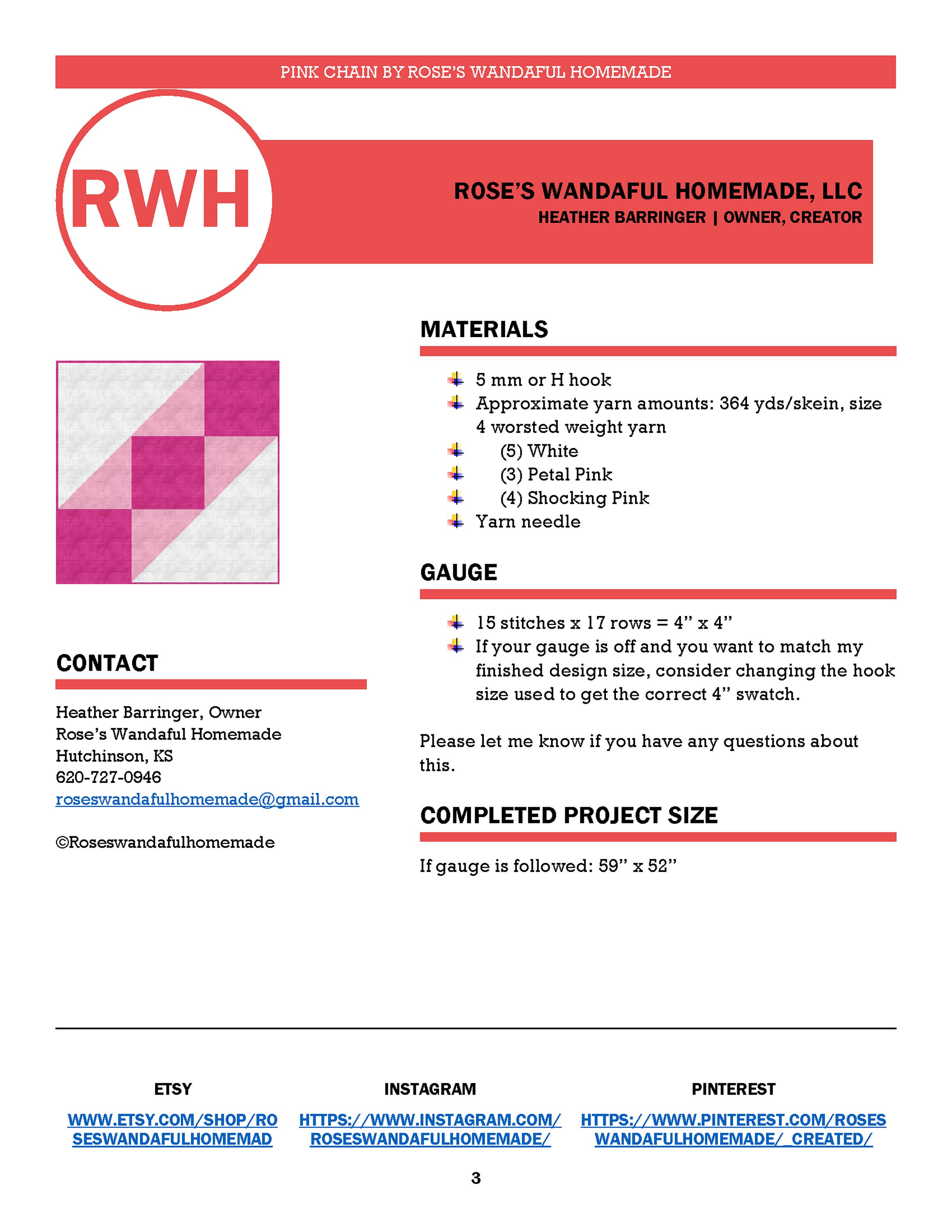 Crochet Pattern PDF Digital Download Pink Chain Quilt Block Graphgan ...