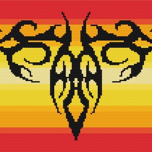 May include: A black tribal design in the shape of a butterfly on a multi-colored background. The background is a gradient of red, orange, yellow, and white.