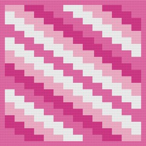 May include: A pink and white pixelated pattern with a diagonal design. The pattern is made up of squares of different shades of pink and white.