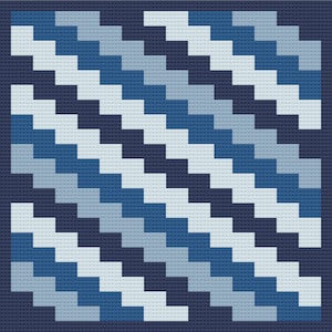 May include: A geometric pattern with a diagonal design in shades of blue, white, and black. The pattern is made up of small squares.