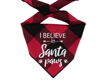 Christmas Dog Bandana, Red Buffalo Plaid |  Winter Tie Bandana | Christmas Plaid Pet Bandana | I Believe in Santa Paws, Xmas Dog Bandana