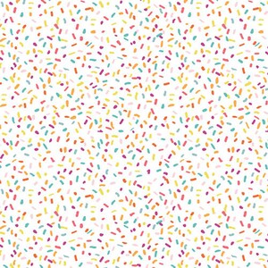 May include: A seamless pattern with a white background and a confetti-like design. The confetti is made up of small, colorful dashes in shades of orange, yellow, pink, blue, and green.