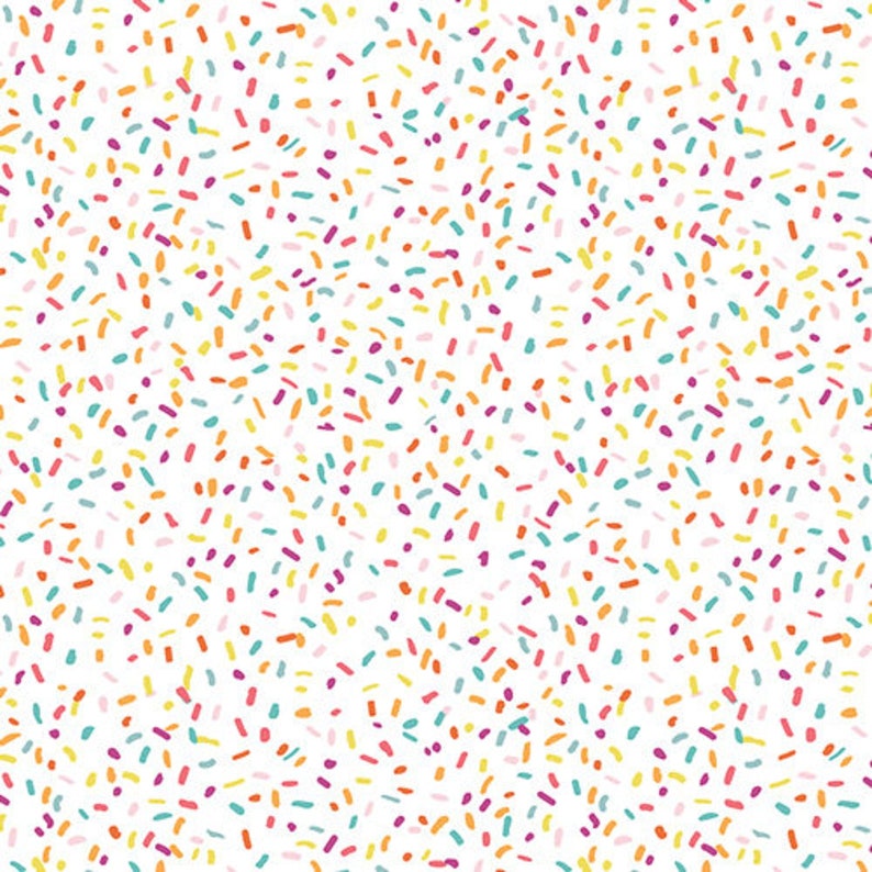 May include: A seamless pattern with a white background and a confetti-like design. The confetti is made up of small, colorful dashes in shades of orange, yellow, pink, blue, and green.
