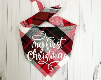 My First Christmas Dog Bandana | Red Buffalo Plaid Flannel
