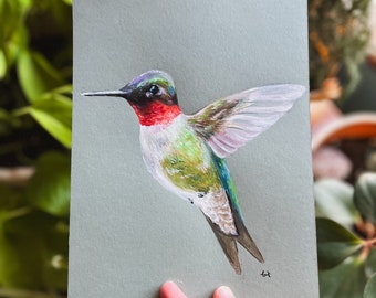 ruby-throated hummingbird, original gouache painting on 6x9" paper, bird and nature art, illustration