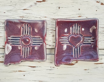 Handmade New Mexico Zia trinket, jewelry, ring dish. Heart State Flag, Hand Made Ceramic Dish Tray