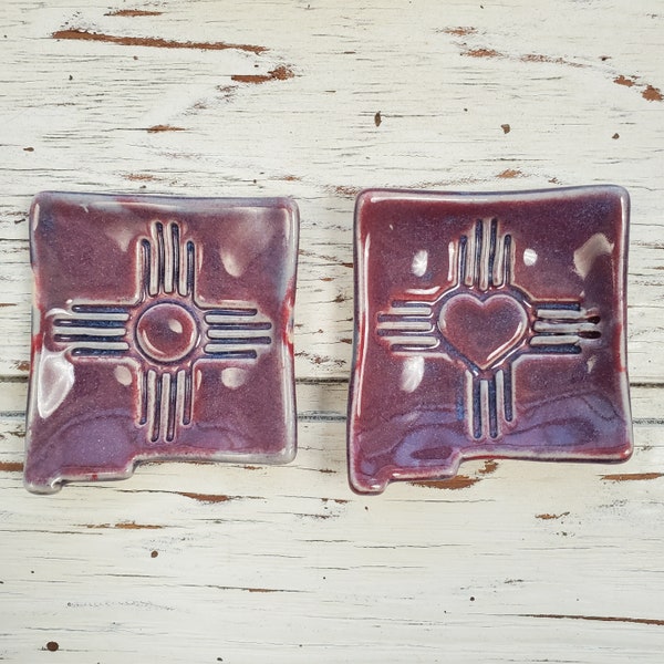 Handmade New Mexico Zia trinket, jewelry, ring dish. Heart State Flag, Hand Made Ceramic Dish Tray