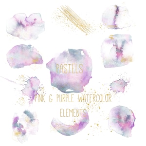 PASTEL watercolor design elements, watercolor brush strokes, pink purple brush strokes clipart, Paint splatters, Logo design, png watercolor