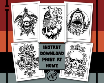 41 Tattoo Coloring Pages for Adults, Old School Tattoos Printable Coloring Page, Digital Prints Art