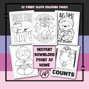 30 Printable Cute Sloth Coloring Pages for Kids and Adults, Digital Prints Art
