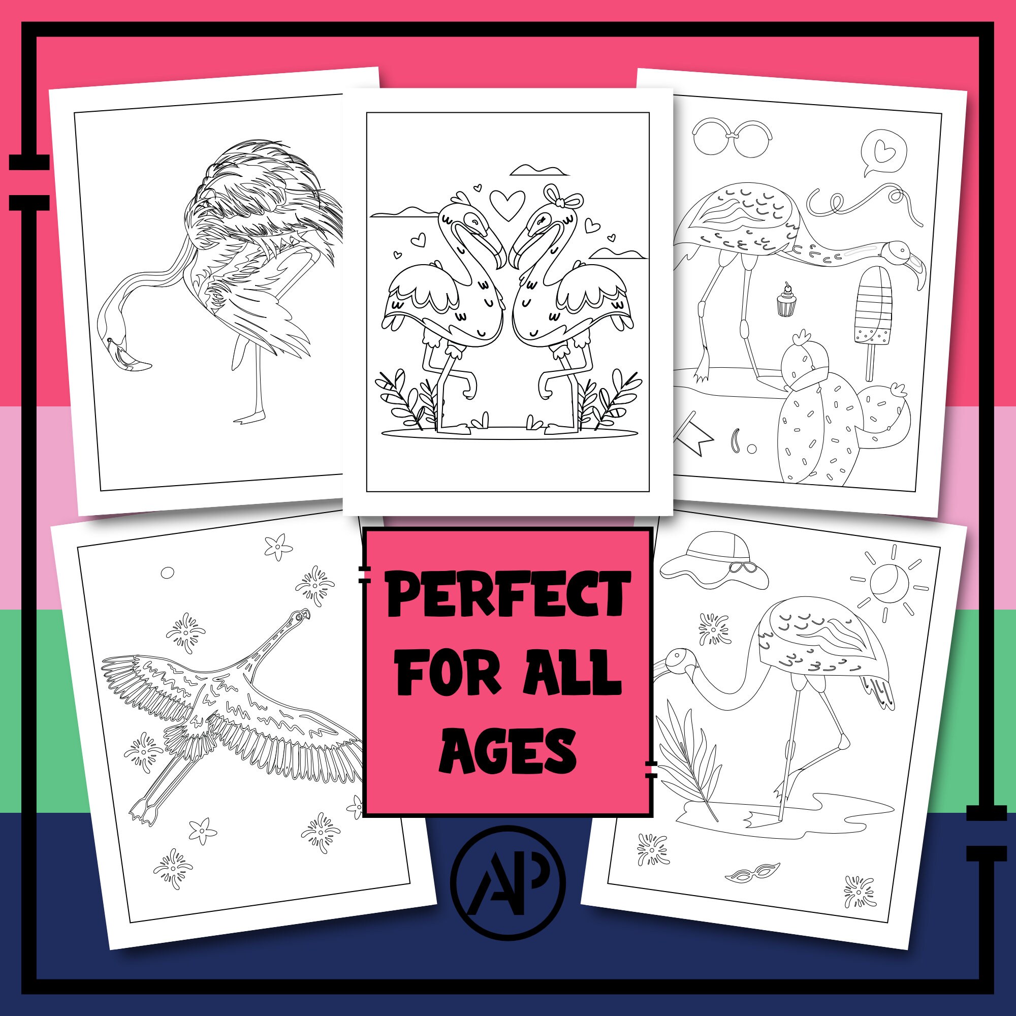 30 Flamingo Coloring Pages, Pink Bird Printable Coloring Page, Digital