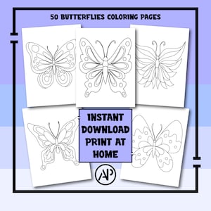 50 Butterflies Coloring Pages for Adults and Kids, Printable Butterfly Coloring Pages PDF, Digital Prints Art