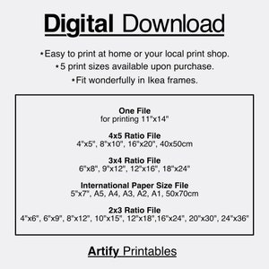 May include: A digital download listing for printable art featuring various sizes and ratios, including 11"x14", 4"x5", 3"x4", and 2"x3. The listing also includes international paper sizes like A5, A4, A3, A2, and A1. The text "Artify Printables" is at the bottom of the image.