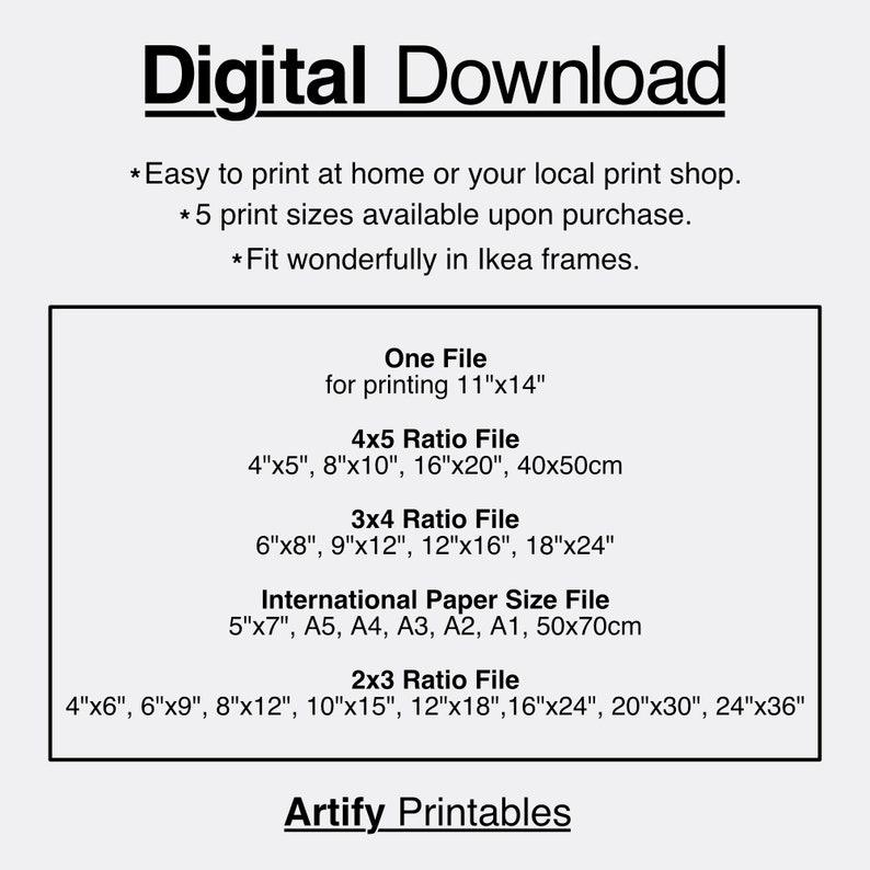 May include: A digital download listing for printable art featuring various sizes and ratios, including 11"x14", 4"x5", 3"x4", and 2"x3. The listing also includes international paper sizes like A5, A4, A3, A2, and A1. The text "Artify Printables" is at the bottom of the image.