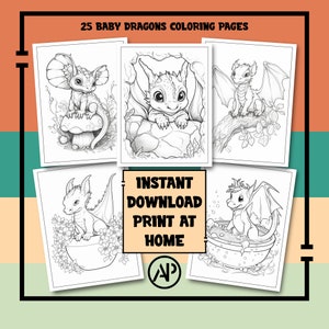 25 Baby Dragons Coloring Pages for Kids & Adults, Fantasy Dragon Printable Coloring Page, Digital Prints Art