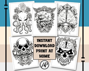 25 Tattoo Coloring Pages for Adults Vol. 5, Old School Tattoos Printable Coloring Page, Skull Digital Prints Art