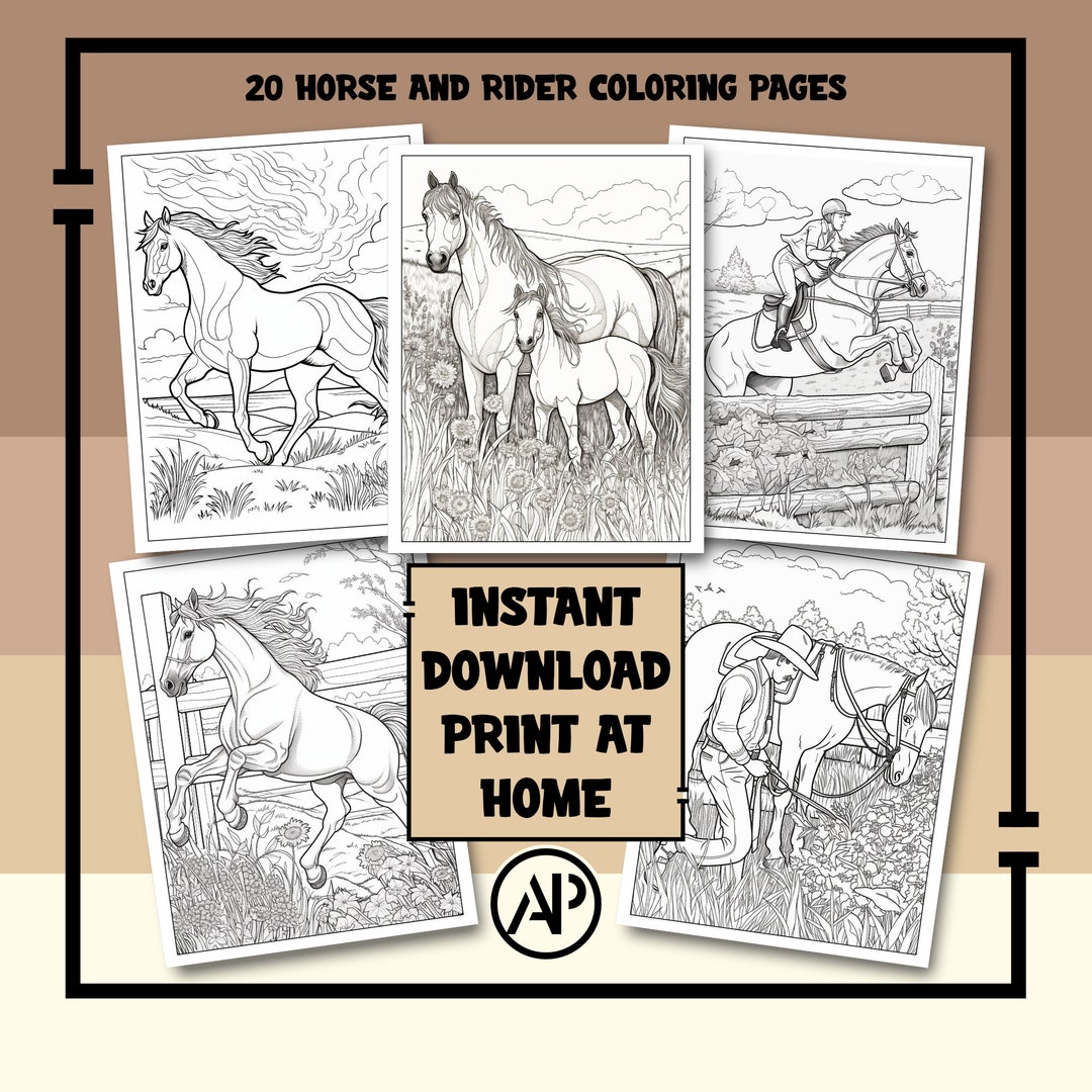 20 Horse and Rider Coloring Pages for Adults &amp; Kids, Stallion Coloring ...