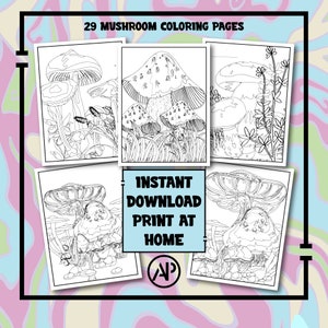 29 Mushroom Coloring Pages Adults, Trippy Coloring Sheets Printable, PDF Digital Prints Art