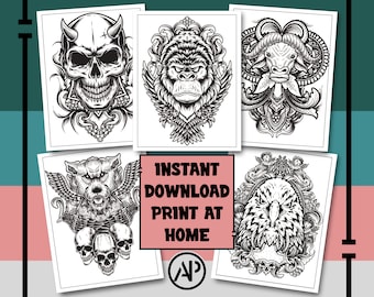20 Tattoo Coloring Pages for Adults Vol. 3, Old School Tattoos Printable Coloring Page, Skull Digital Prints Art
