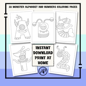 38 Monster Alphabet And Numbers Coloring Pages For Kids, Alphabet Coloring Sheets Printable, PDF Digital Prints Art