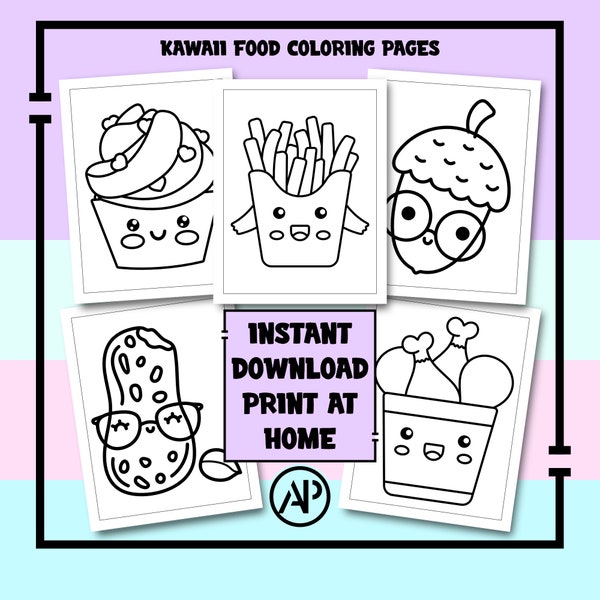 50 Kawaii Food Coloring Pages for Kids and Adults, Kawaii Coloring Sheets Printable, PDF Digital Prints Art