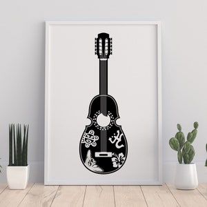 May include: Black and white silhouette of a guitar with intricate designs on the body. The guitar has a round sound hole and a traditional shape.
