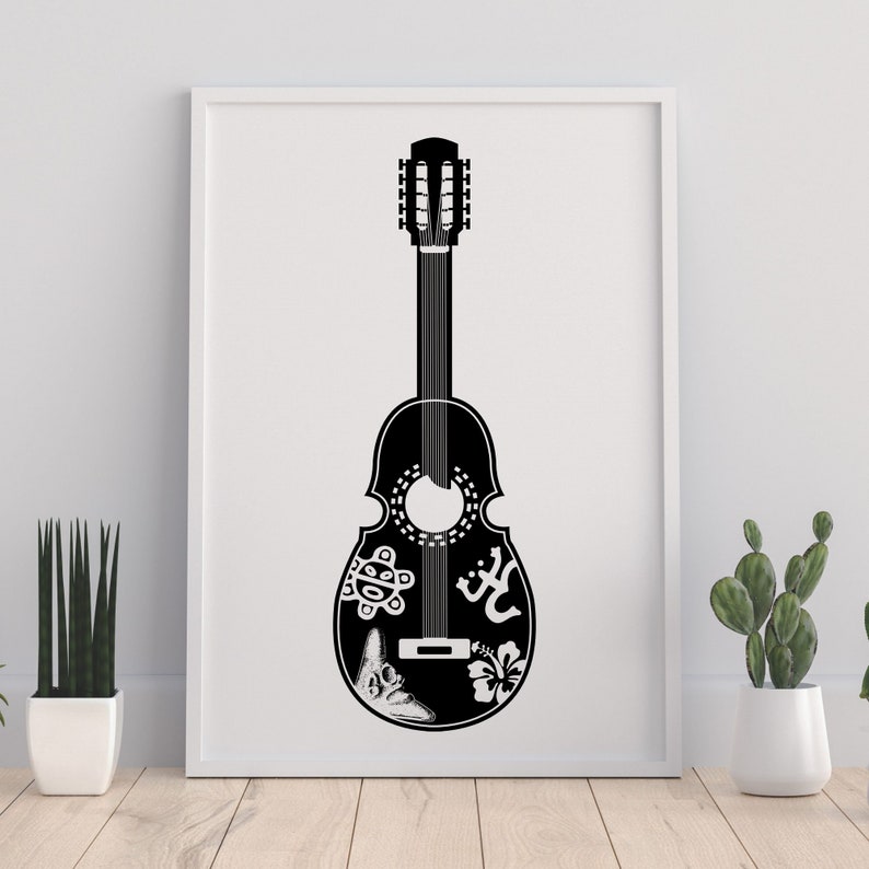 May include: Black and white silhouette of a guitar with intricate designs on the body. The guitar has a round sound hole and a traditional shape.