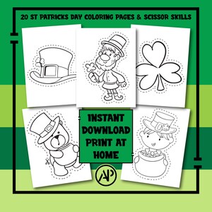 20 Preschool St Patricks Day Coloring Pages & Scissor Skills, Saint Paddy&#39;s Kids Activity, Instant Download
