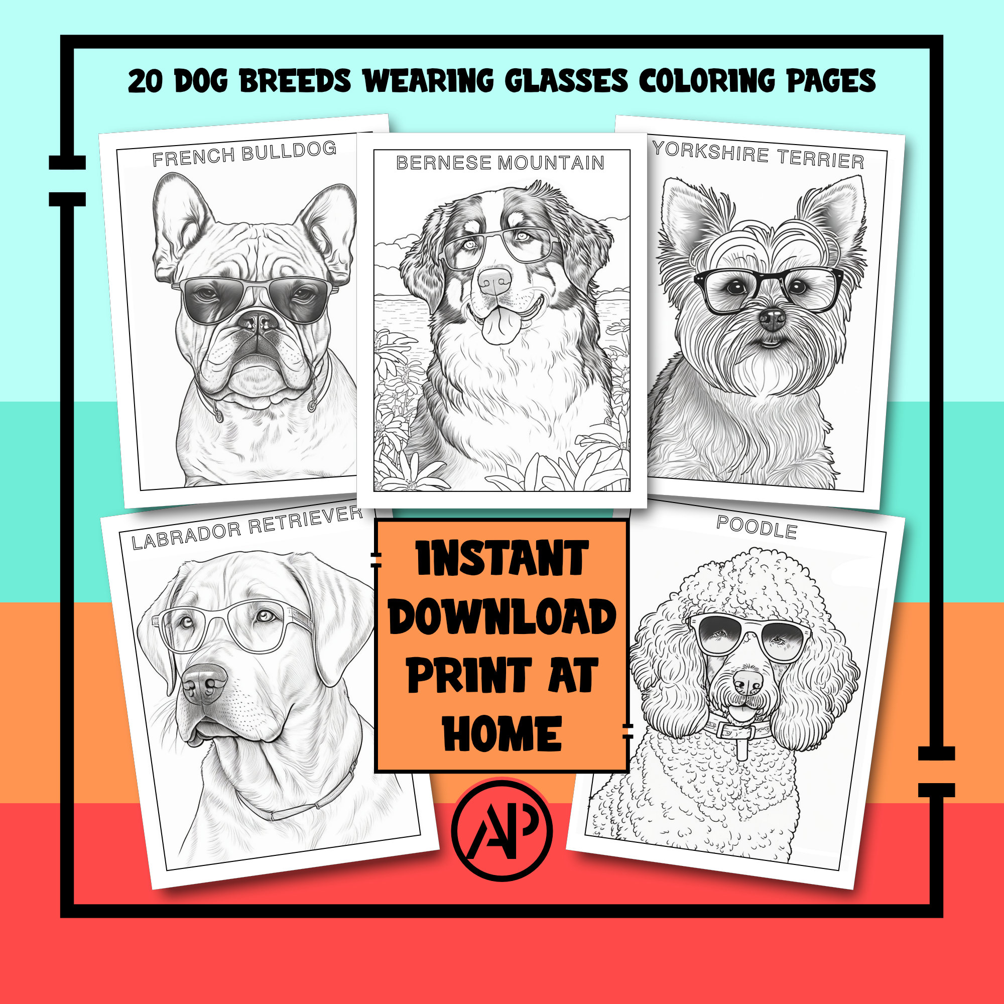 20 Dog Breeds Wearing Glasses Coloring Pages for Kids & Adults, Cute ...
