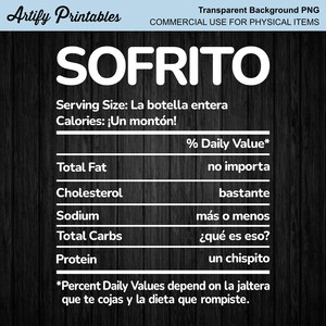 Puede incluir: Una etiqueta nutricional en blanco y negro con el título "SOFRITO" y el texto "Serving Size: La botella entera" y "Calories: ¡Un montón!" La etiqueta enumera el % de Valor Diario de grasa total, colesterol, sodio, carbohidratos totales y proteína. Los valores están escritos en español.