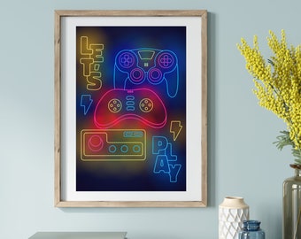 May include: A framed print with a neon blue, pink, yellow, and green design of video game controllers and the words "Let's Play".