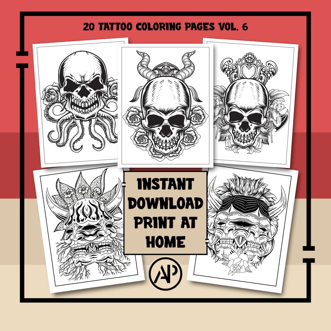 20 Tattoo Coloring Pages for Adults Vol. 6, Skull Digital Prints Art ...