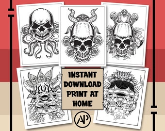 20 Tattoo Coloring Pages for Adults Vol. 6, Skull Digital Prints Art, Old School Tattoos Printable Coloring Page