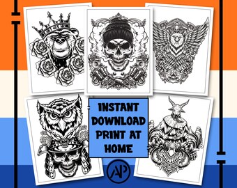 20 Tattoo Coloring Pages for Adults Vol. 4, Old School Tattoos Printable Coloring Page, Skull Digital Prints Art
