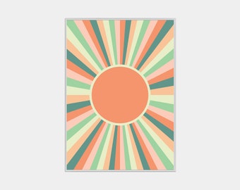Impresión Vintage Sunburst, Arte de pared imprimible, Póster abstracto del sol, Impresión digital colorida, Impresión de habitación para niños, Arte de pared neutro