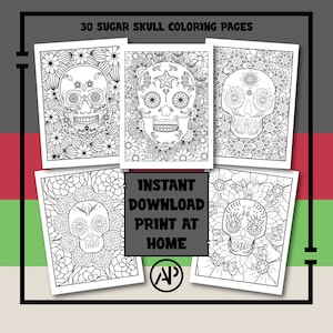 30 páginas para colorear de calaveras de azúcar para adultos, página para colorear imprimible de calaveras, arte impreso digital