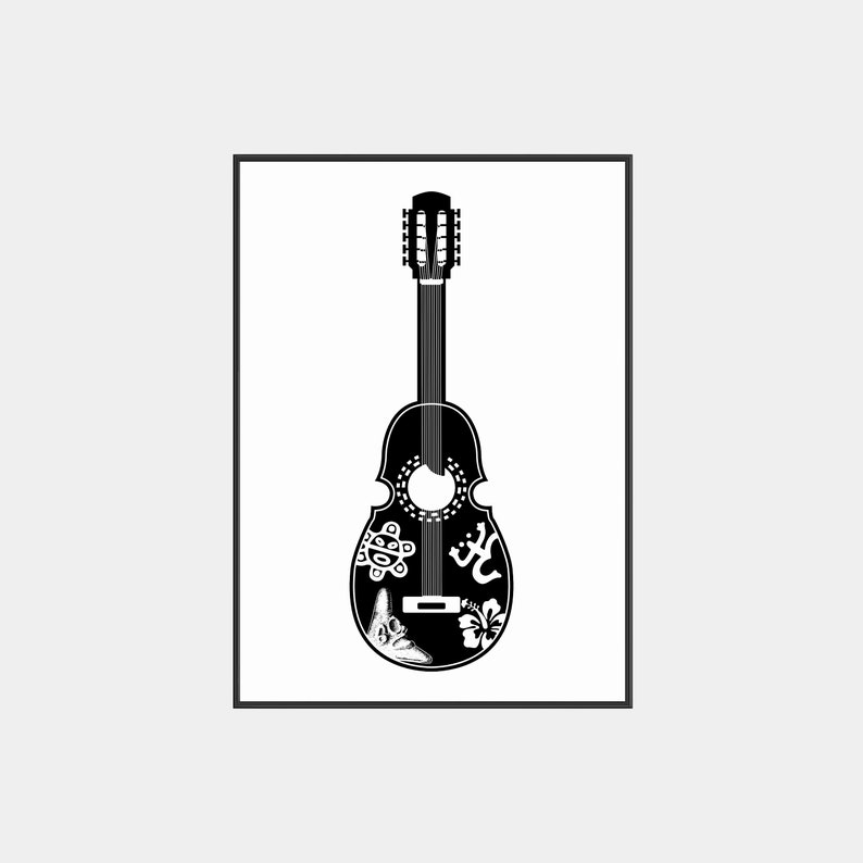 May include: Black and white illustration of a cuatro, a traditional Puerto Rican instrument, with intricate designs on the body. The cuatro is a small guitar with four strings.