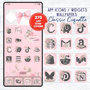Puede incluir: Una pantalla de teléfono rosa y blanca con 270 cubiertas de iconos de aplicaciones. Los iconos están dispuestos en una cuadrícula y presentan diseños florales con varios logotipos de aplicaciones, incluidos Instagram, TikTok y Amazon. El texto "Classic Coquette" está en la parte superior de la pantalla.