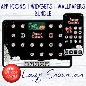 Puede incluir: Una ilustración digital de un muñeco de nieve blanco y negro con una bufanda roja y un sombrero de copa negro. El muñeco de nieve está sobre un fondo blanco con un patrón de cuadros blanco y negro. El texto "Lazy Snowman" está escrito en cursiva azul debajo del muñeco de nieve. El texto "270 App Icon Covers" está escrito en blanco sobre un círculo rojo en la esquina inferior izquierda de la imagen.