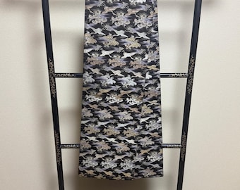 Y890 ヴィンテージ シルク 着物 袋帯 紺 金刺繍 / 唐織 三重塔 京都