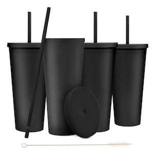 4 Black Tumblers 22oz Venti Colored Acrylic Matte Plastic Cups in Bulk with Lids and Straws w Cleaning Brush! DIY Wholesale Blanks
