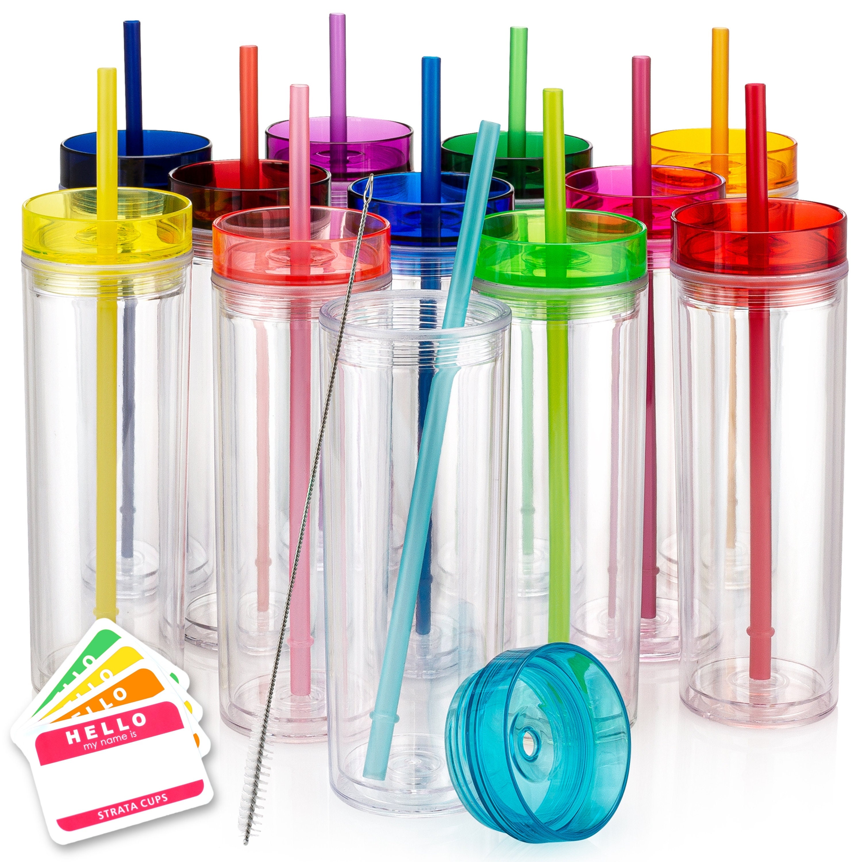 12 Colored Acrylic with Lids and Straws | Skinny, 16oz Double Wall Clear plastic tumblers