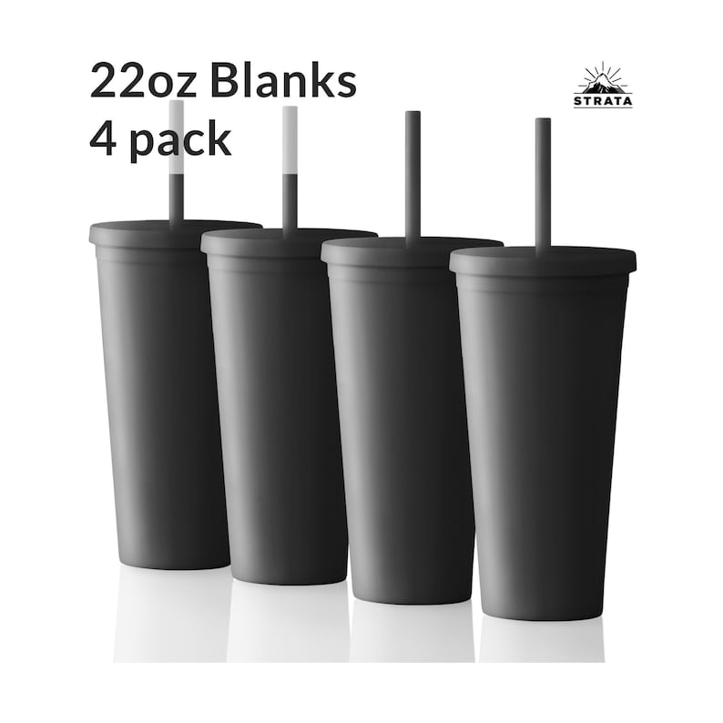 4 Black Tumblers 22oz Venti Colored Acrylic Matte Plastic Cups in Bulk with Lids and Straws w Cleaning Brush! DIY Wholesale Blanks 