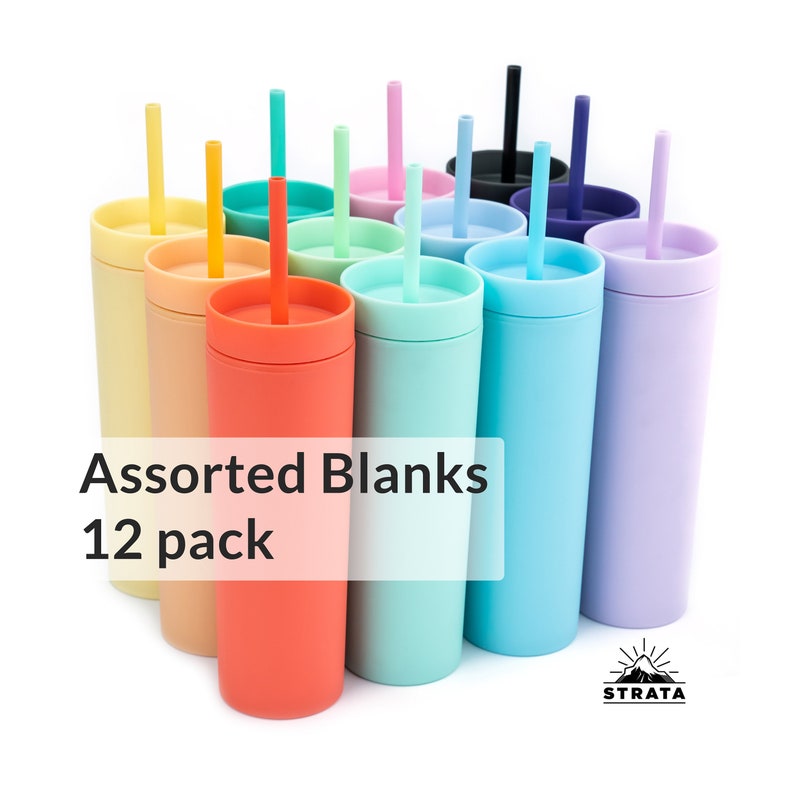 Wholesale Blank Skinny Tumblers (12 pack) 16oz Colored Pastel Acrylic Matte Plastic Cups in Bulk with Straws w Cleaning Brush Included! 