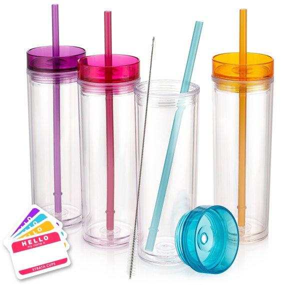 4 Pack 16oz Plastic Skinny Tumblers with Straw and Lid Double Wall